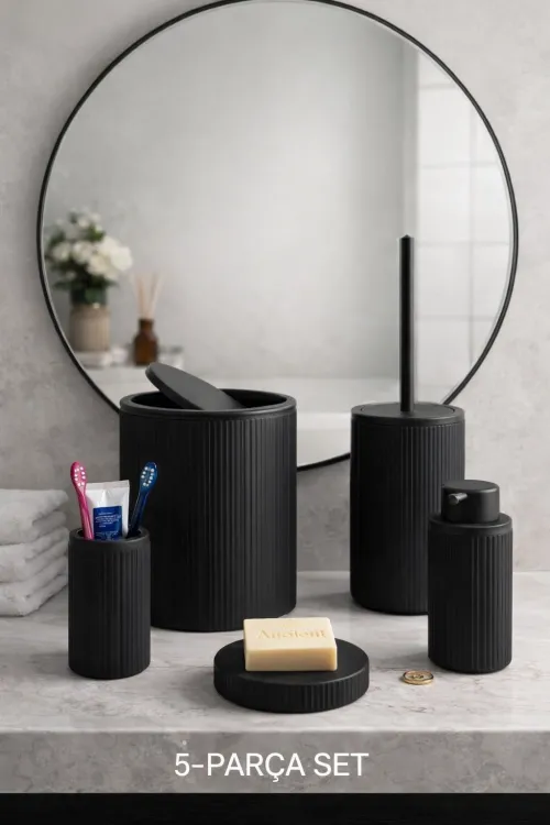 Çöp Kovası, Tuvalet Fırçası, Sabunluk 5 Parça Banyo Seti