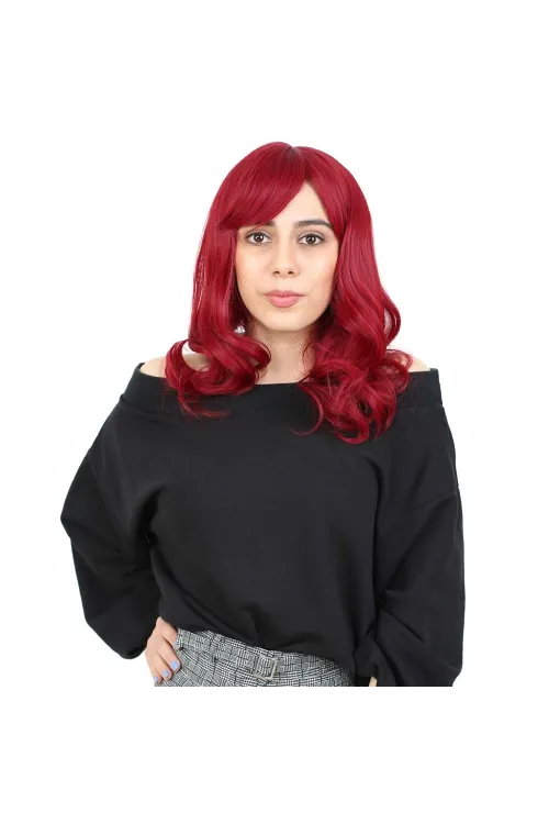Dalgalı Perçemli Orta Boy Fiber Sentetik Peruk - Kızıl