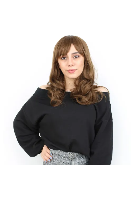 Dalgalı Perçemli Orta Boy Fiber Sentetik Peruk - Kumral