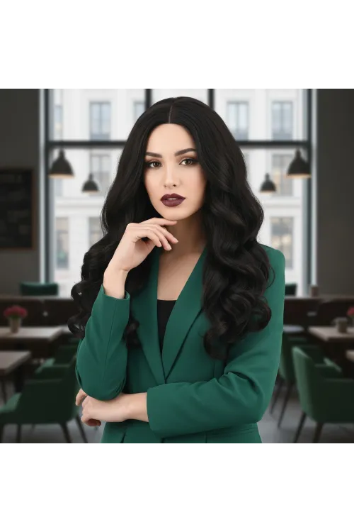 Dalgalı Perçemsiz Uzun Fiber Sentetik Peruk - Kestane