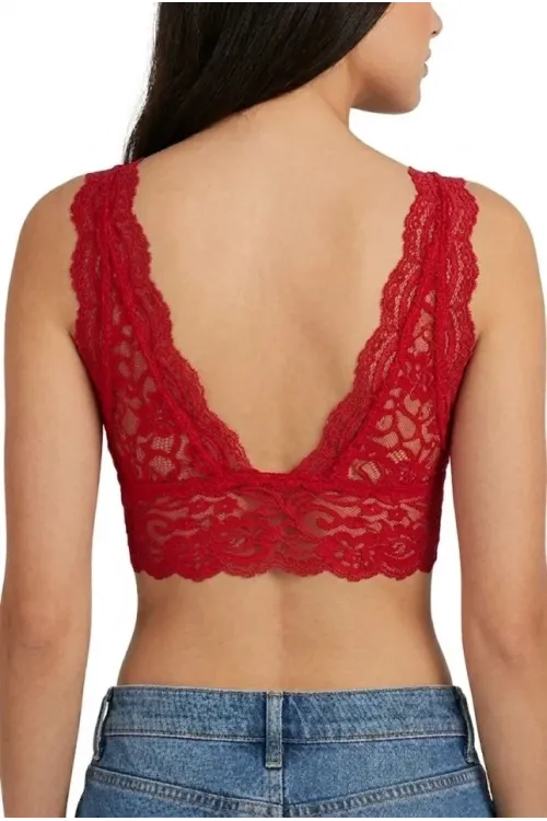 Dantel Bralet Crop Sütyen V Yaka Askılı Şık Esnek Rahat - Kırmızı