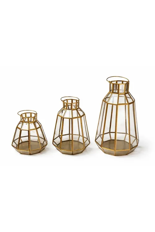 Dekoratif Gold Metal 3lü Fener Mumluk Seti