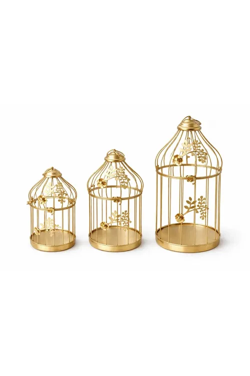 Dekoratif Gold Metal 3lü Kafes Mumluk Seti