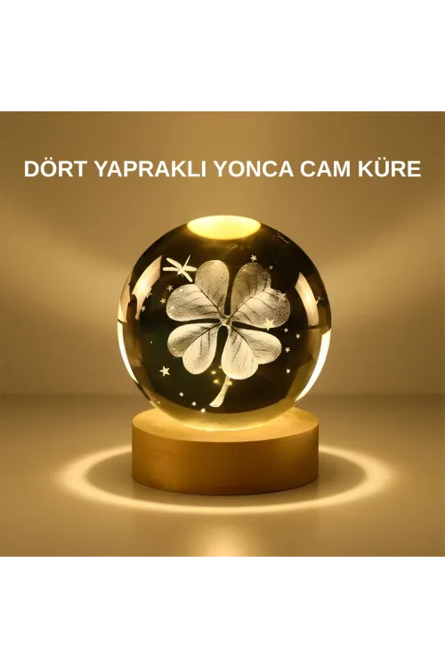 Dekoratif Yonca Görünümlü Işıklı Kristal Cam Küre Usb Masa Gece Lambası