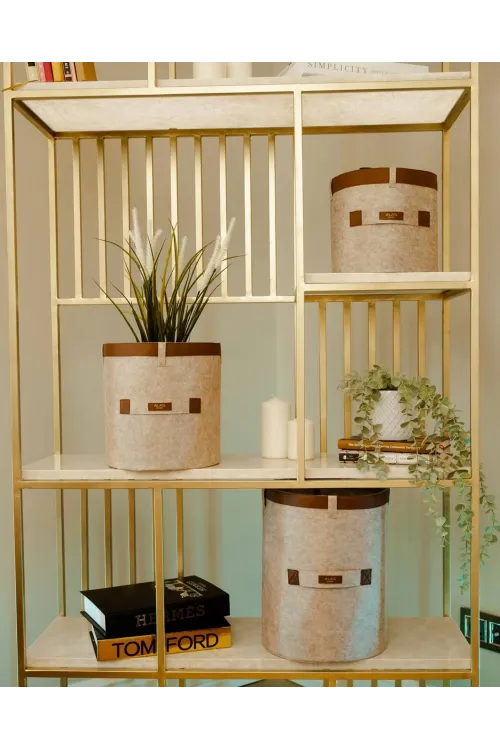 Deri Şeritli Yuvarlak Çok Amaçlı Düzenleyici Organizer Kutu Keçe Sepet (3lü Set)