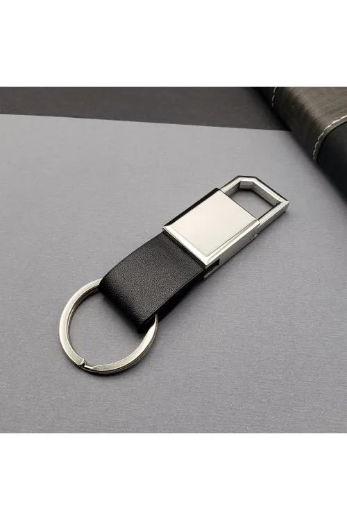 Deri Siyah Gümüş Metal Anahtarlık