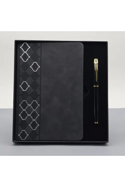 Desenli Siyah Deri Defter Kalem Set