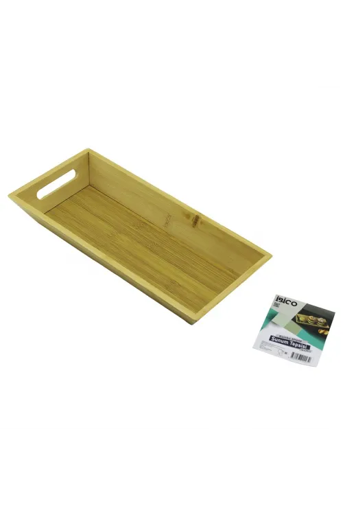 Dikdörtgen=16x35cm  Derin=4.5cm  Ahşap Bambu Sunum Tepsisi Çift Oyma Kulplu