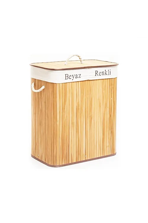 Dikdörtgen İki Bölmeli İç Bez Bambu Ahşap Kirli Çamaşır Sepeti İp Kulp 52x32x62cm