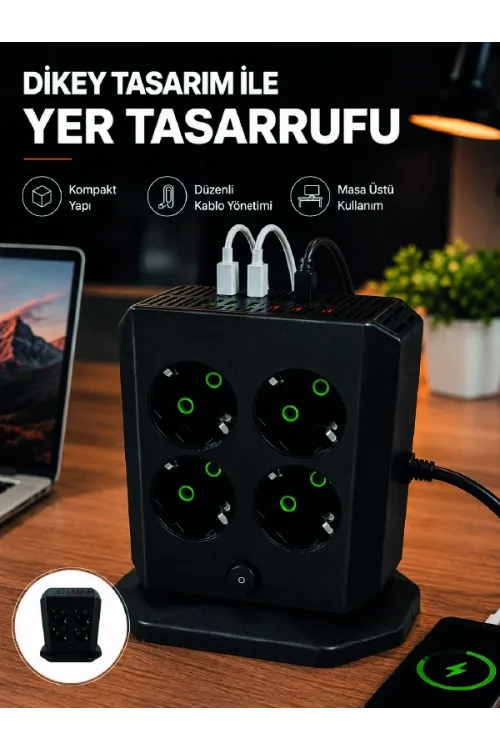 Dikey Priz Kulesi 8 Ac Priz 4 Usb 2 Type-c Çocuk Korumalı Güç Dağıtıcı