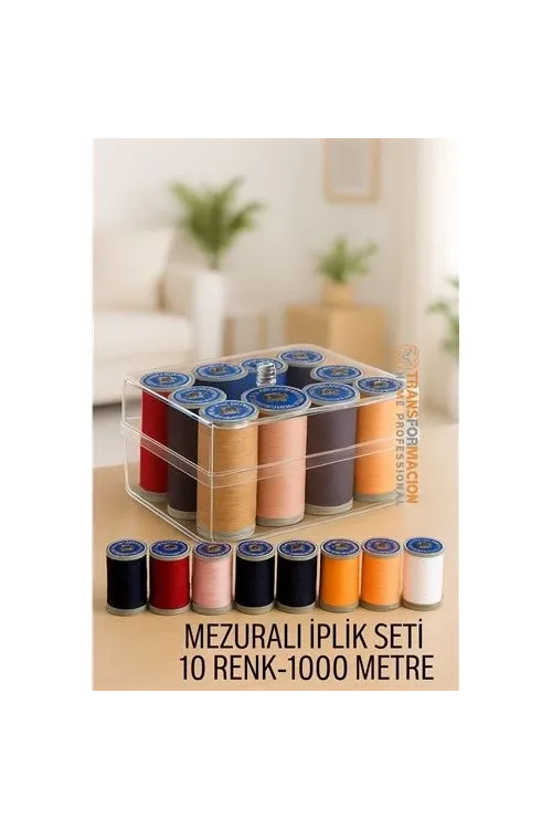 Dikiş İpliği Seti  10 Renk 1000 Mt Kutulu Mezuralı Dikiş Seti
