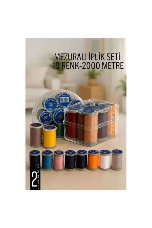 Dikiş İpliği Seti - 10 Renk 2000 Mt Kutulu Mezuralı Dikiş Seti 722077