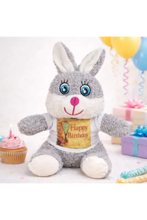 Doğum Günü Tişörtlü Sevimli Peluş Tavşan
