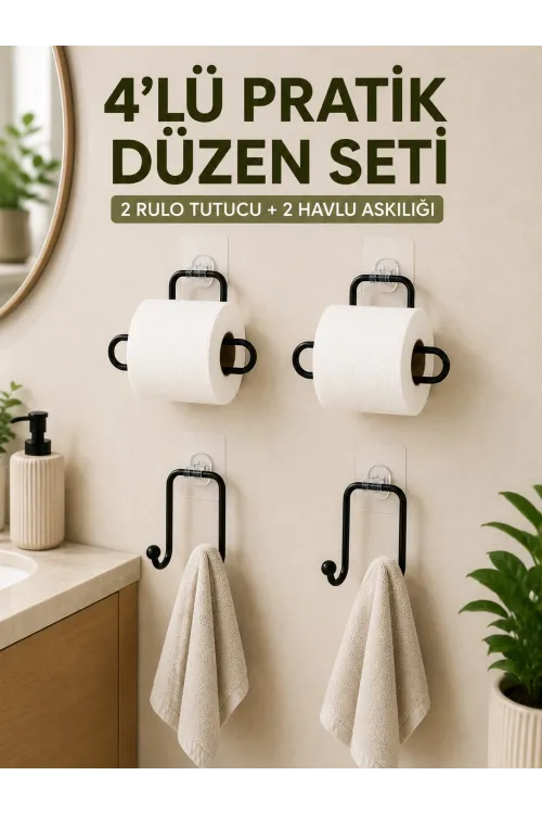 Duvara Yapışkanlı Rulo Kağıtlık Ve Havlu Askılığı 2’şer Adet 4’lü Set