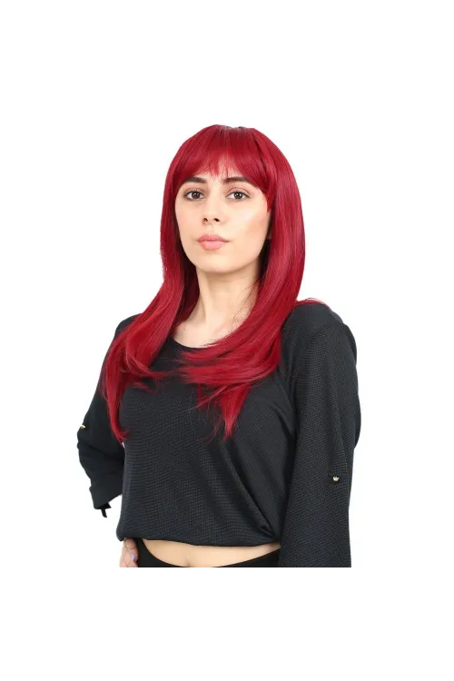 Düz Perçemli Orta Boy Fiber Sentetik Peruk - Kızıl