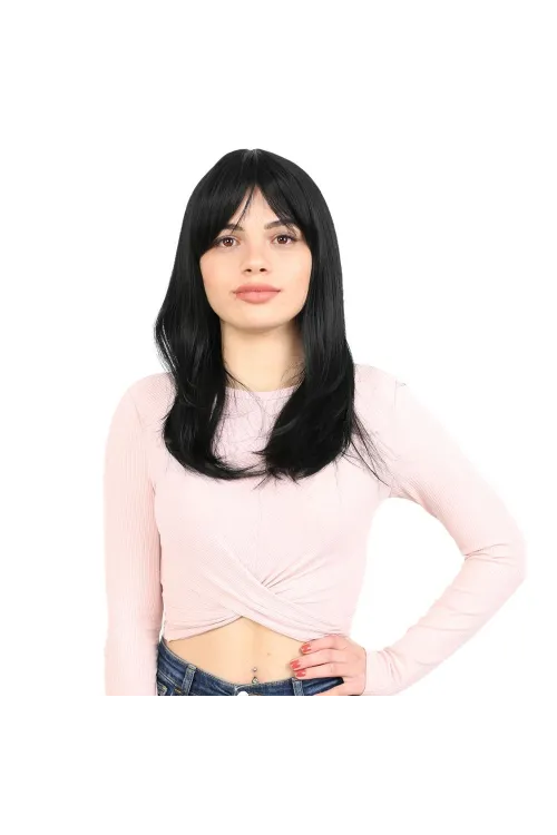 Düz Perçemli Orta Boy Fiber Sentetik Peruk - Siyah