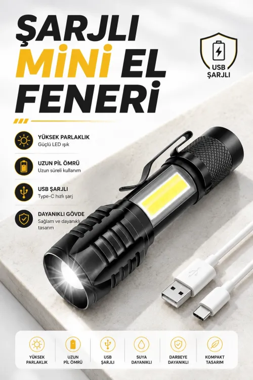 El Feneri Led Usb Şarjlı Zoom Mini Led Işık Acil Durum Feneri
