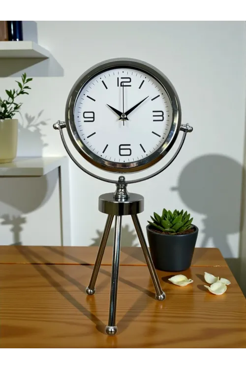 Elegance Krom Tripod Üç Ayaklı Metal Masa Saati