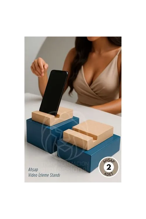Elit Ahşap Masaüstü Telefon Standı - 2li Set, Doğal Doku & Minimalist Tasarım