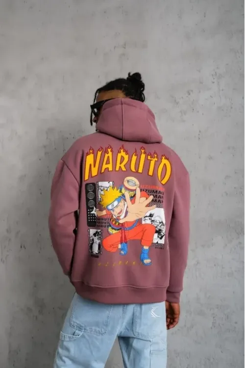 Erkek 3 İplik Pamuklu Kapüşonlu Baskılı Cepli Oversize Sweatshirt Hoodie - Gül Kurusu