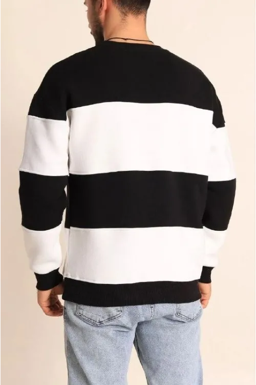 Erkek 3 iplik pamuklu Parçalı Bisiklet Yaka SweatShirt - Siyah