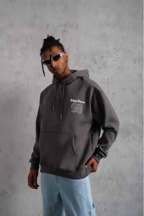 Erkek 98 Baskılı Kapşonlu Sweat - Gri