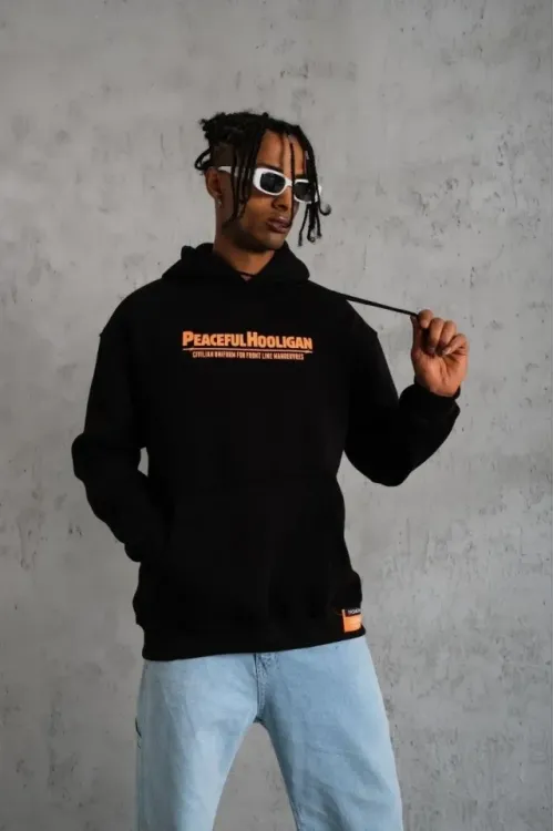 Erkek Armalı Baskılı Kapüşonlu Sweatshirt - Siyah