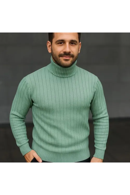 Erkek Balıkcı Yaka Bağazlı Triko Kazak Pamuklu Kalın Fitilli Dokuma, Regular Fit Uzun Kollu Kışlık Model - Mint Yeşili