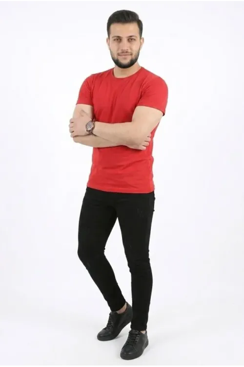 Erkek Basic Tişört Bisiklet Yaka Kısa Kol Günlük Yazlık Slim Fit T-Shirt - Kırmızı