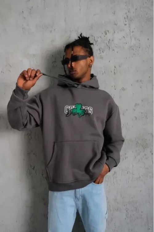 Erkek Baskılı Kapüşonlu Ve Kordon İpli Sweat - Gri