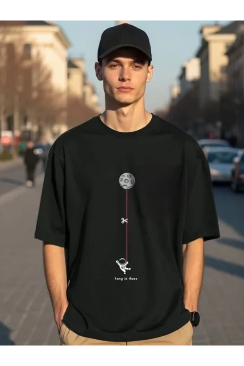 Erkek Baskılı Oversize T-shirt - Siyah
