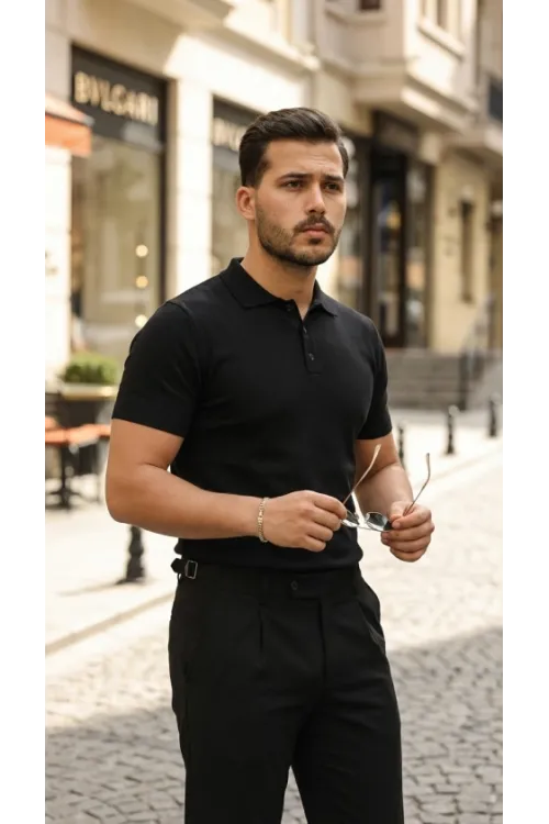 Erkek Düğme Yakalı Kısa Kollu Pamuk Triko Tişört