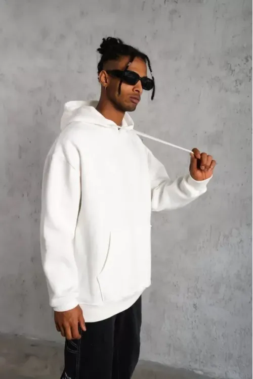 Erkek Düz Kapüşonlu Sweat - Beyaz