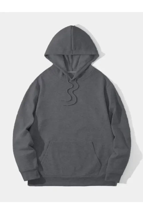 Erkek Düz Kapüşonlu Sweat - Füme