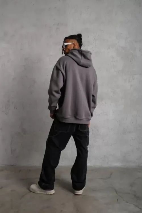 Erkek Düz Kapüşonlu Sweat - Gri
