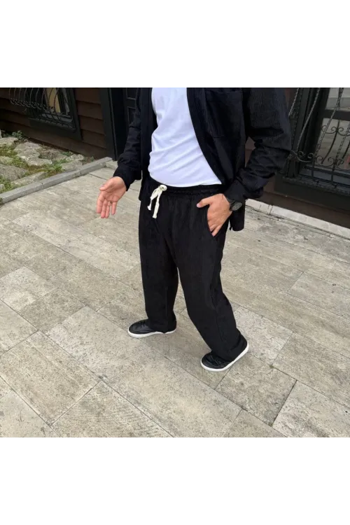 Erkek Fitilli Kadife Cepli Buggy Pantolon Oversize Rahat Kalıp - Siyah