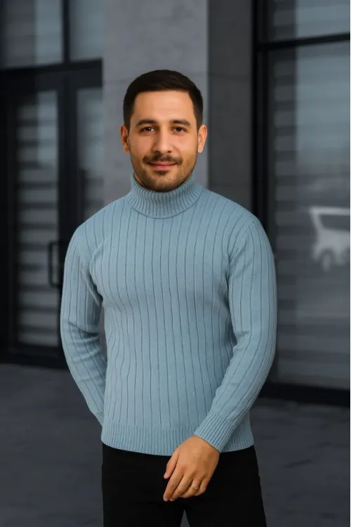 Erkek Fitilli Triko Kazak 2li Set Bebek Mavisi Siyah Regular Balıkcı Yaka Tam Boğazlı Triko Seti Modeli Kazak