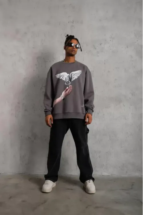 Erkek Güvercin Baskılı Sweatshirt - Gri