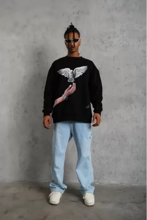 Erkek Güvercin Baskılı Sweatshirt - Siyah