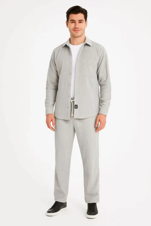 Erkek Kadife Oversize Takım Gömlek Pantolon İkili Set - Gri