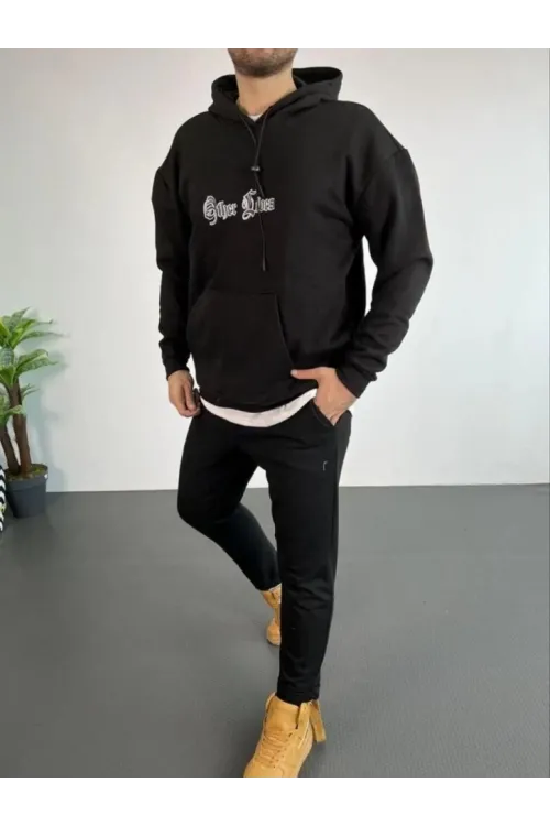 Erkek Kapşonlu Sweatshirt – Oversize Üç İplik Şardonlu Hoodie, “Other Lives” Ön - Arka Baskılı, Kanguru Cepli, Kışlık Rahat Günlük Stil - Siyah