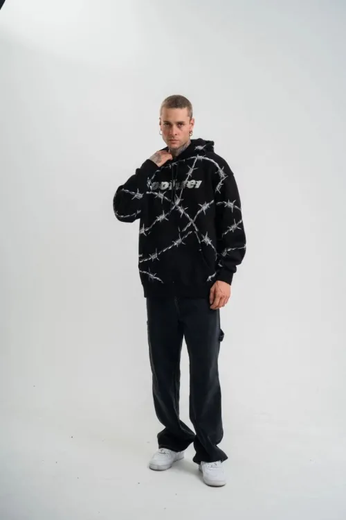 ERKEK Kapüşonlu Varak ve Pano Baskılı Hoodie  SweatShirt- Siyah