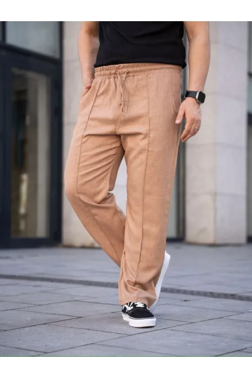 Erkek Keten Cepli Çıma Dikişli Jogger Buggy Pantalon Rahat Kalıp - Kahverengi