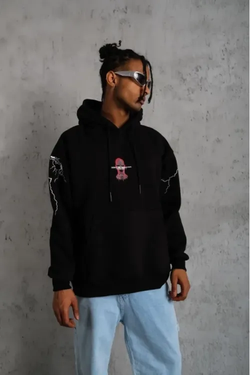 Erkek Maske Baskılı Kapüşonlu Sweat - Siyah