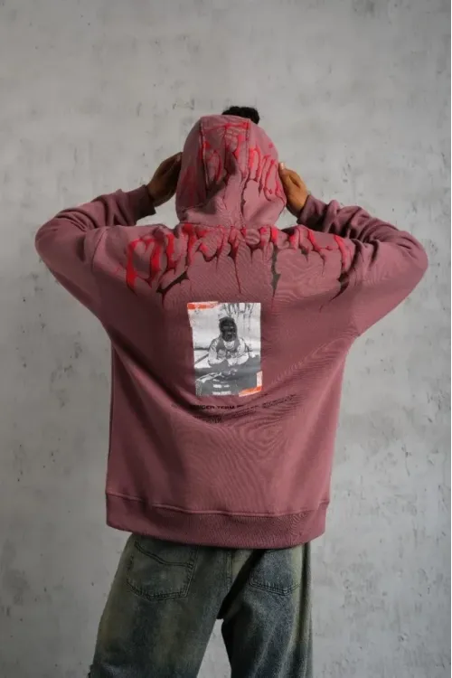 Erkek Ön Ve Arka Baskılı Kapüşonlu 3 İplik Sweatshirt - Gül Kurusu
