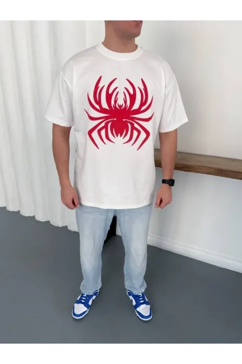 Erkek Örümcek Baskılı Tişört Kısa Kollu Bisiklet Yaka T-Shirt - Beyaz