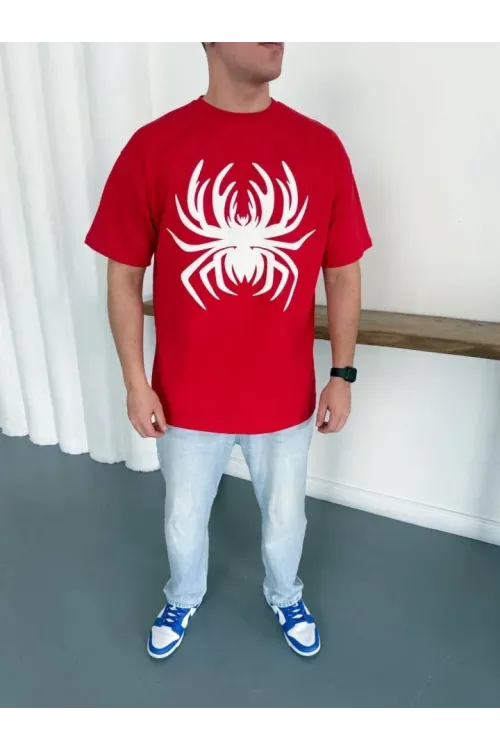 Erkek Örümcek Baskılı Tişört Kısa Kollu Bisiklet Yaka T-Shirt - Kırmızı