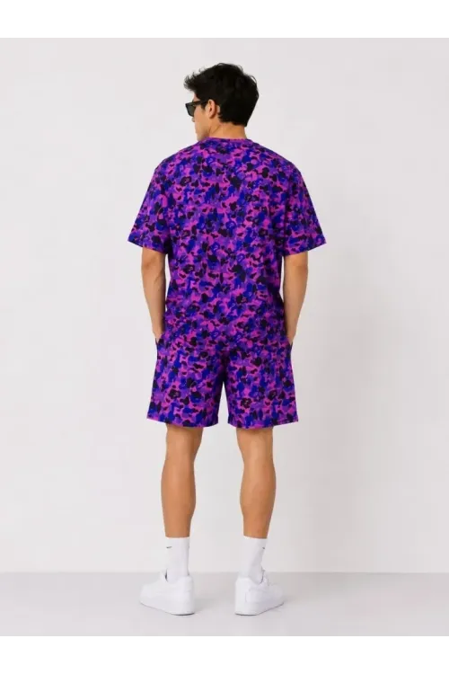Erkek Oversize Kalıp Pubg Bape X Shark Nakışlı Cepli Şort Takım - Mor