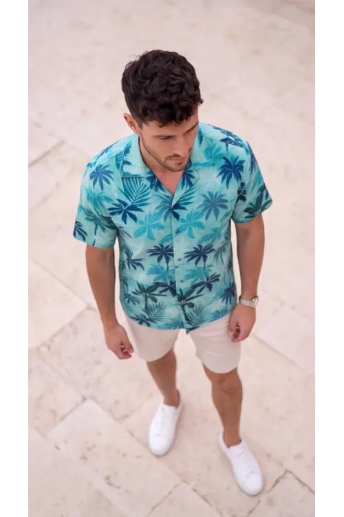Erkek Palmiye Desenli Kısa Kollu Hawai Gömlek