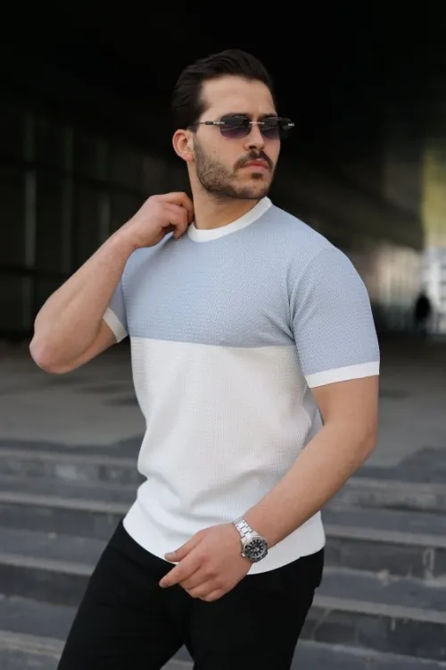 Erkek Renk Bloklu Bisiklet Yaka Kısa Kollu Triko Tişört